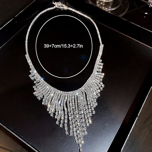 Rhinestone Tassel Chain Halskjede Sølv Krystall Bib Halskjede Blankt Bryllup Brud Choker Halskjede for Kvinner og Jenter