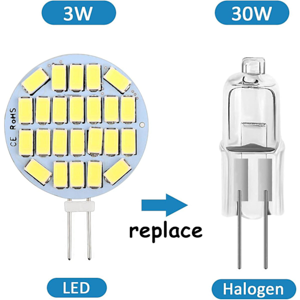 G4 LED-pære 3w, Ac/dc12-24v, 300lm koldt hvidt 6000k, 24x5730 Smd, 30w halogenpæreækvivalent, ikke-dæmpbar, G4 runde LED-pærer, 6 stk.