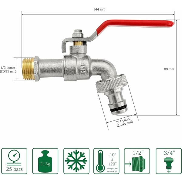 1/2'' tums (15/21) premium mässingkran, rost- och frostbeständig + e-bok för trädgård, tvättmaskin, regnvattentunna