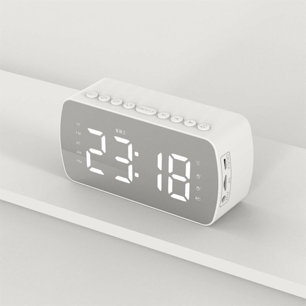 LED-spegel digital väckarklocka stor tidsvisning bordsväckarklocka trådlös högtalare subwoofer musikspelare Bluetooth-stöd (vit)