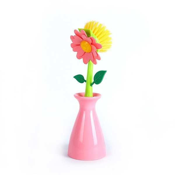 Diskborste - Vacker rosa blommig långhandtag nylon diskborste med hållare (10,6\" x 2,6\" x 2,6\")