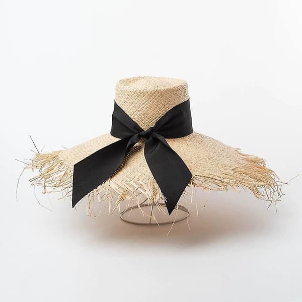 Håndstrikket Raffia Hat med Pelsbræt - Solhat til kvinder
