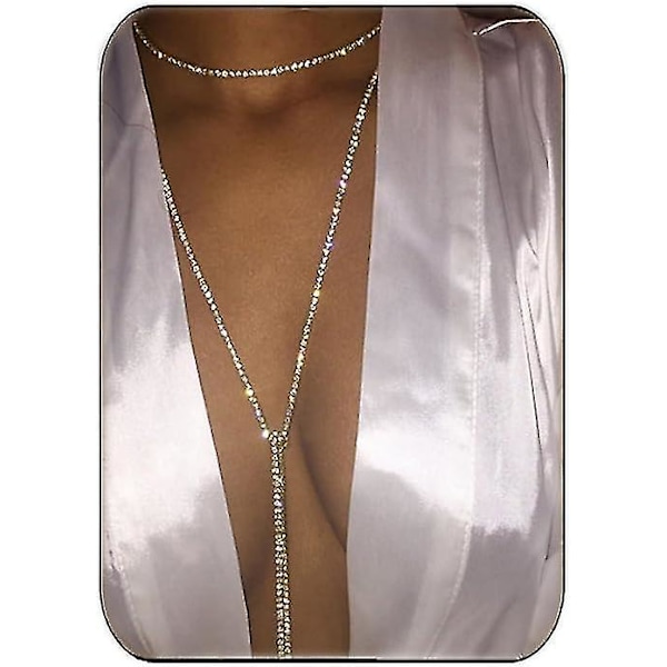 Rhinestone Choker Sølv Flerlags Choker Lang Kjede Blanke Smykker Tilbehør for Kvinner og Jenter