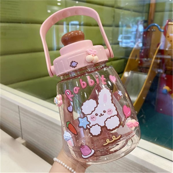 1,3L Kawaii vannflaske (med sugerør og klistremerke), Kawaii bjørnevannflaske, Kawaii bærbar vannflaske (rosa)