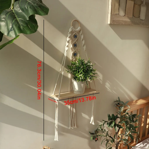 Boho vägg hylla, handvävd blomkruka stativ, väggdekoration med tofsar, väggmontering för sovrum, balkong