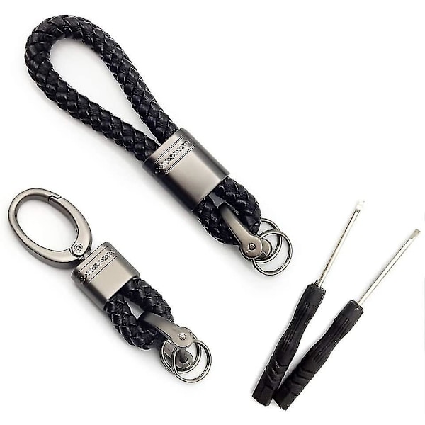 2 Pcs Black Braided Keychain Leather Strap Keyring Accessories Car Key Chain Ring Pu Rope