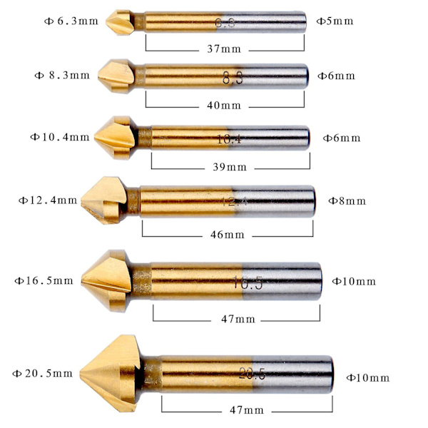 Försänkta metallträ, titan försänkare Hss 90 graders fas 6,3 mm, 8,3 mm, 10,4 mm, 12,4 mm, 16,5 mm, 20,5 mm