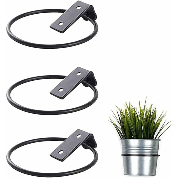3-delat hopfällbart väggkrukhållarring, metallväggmonterad ringhållare med skruvar, växtkrok för att hålla blomkrukor (svart 5,4")