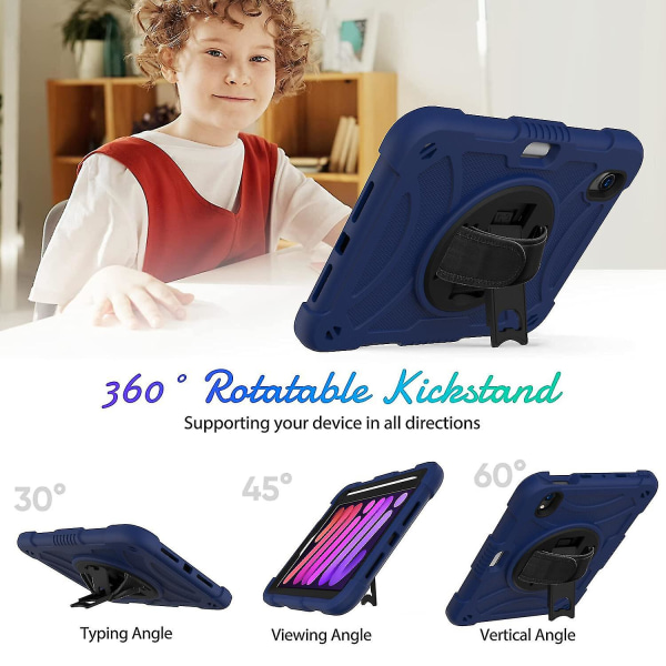 Färgglatt fodral för iPad Mini 6 med axelrem, handrem, justerbart stativ, fallskydd (marinblå)