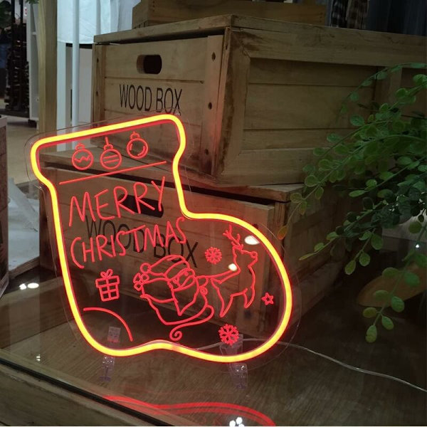 Julstrumpa Neon Skylt Röd 3D Akryl LED Neon Ljus Ord XMAS USB-driven Dimbar Skrivbordslampa för Hemmakontor Jul Fest Bar Dekoration