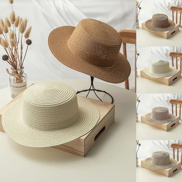 Ensfarget dame solhatt med bred brem stråhatt utendørs strandhatt sommerhette (Beige)