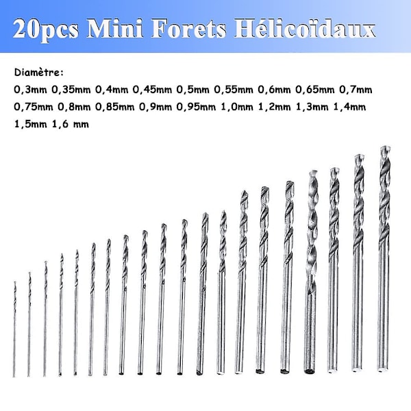 20 stk Hss Mini Twist Drill Bits Kit, Precision Mini Drill Bit Set, 0,3 mm-1,6 mm Hss Twist Drill Bits, Twist Drill Bits Med Boks For Tremodellfremstilling,