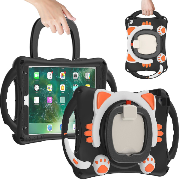 Nytt kattdesignfodral för iPad 9,7 tum 2017/2018 med axelrem, två handtag, 360 roterande stativ, stöttålig design (svart orange)