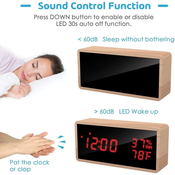 Trädigital väckarklocka, digital klocka med 3 larminställningar, USB-driven elektronisk väckarklocka Snooze väckarklocka, LED-display av tid, temperatur