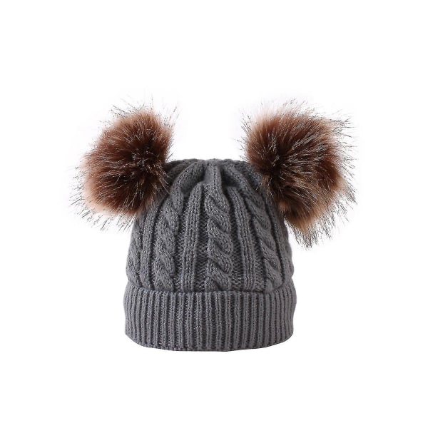 Sort Dobbelt Pompom Baby Hat Til Baby Efterår Vinter Varm Hæklet Hue Cap