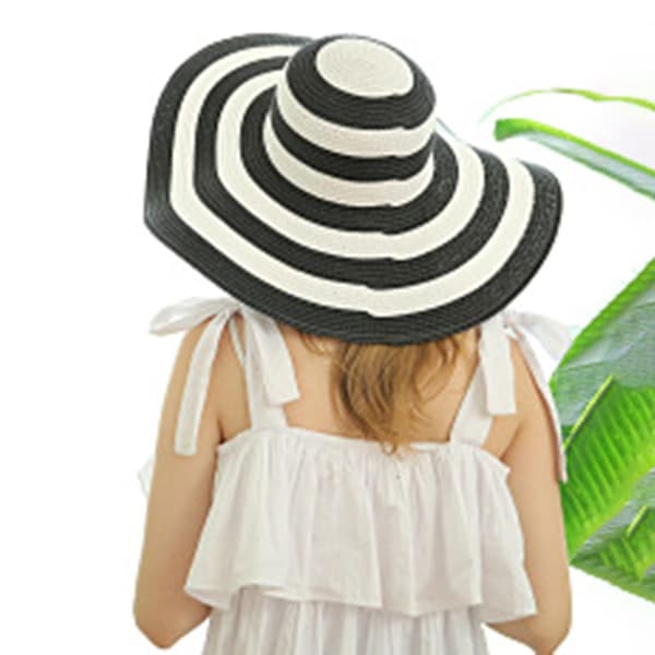 Dame Solhat Foldbar Bredskygget Stribet Kontrastfarve Spandhat Til Sommer（Sort）