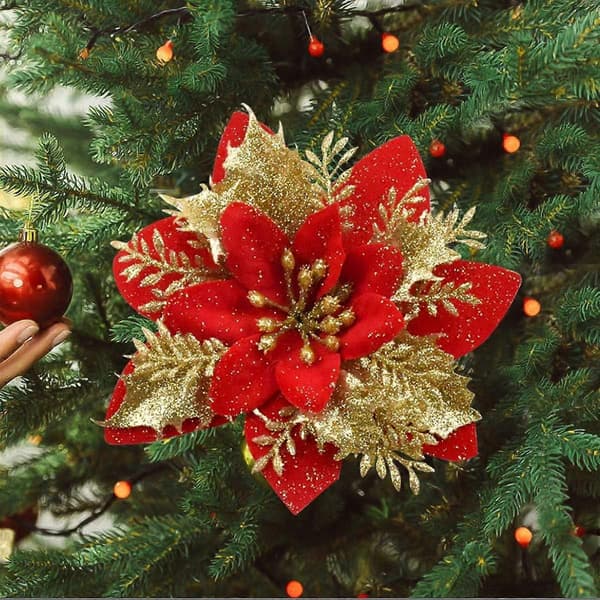 15 stk. røde kunstige juleblomster – dekor til tre og krans