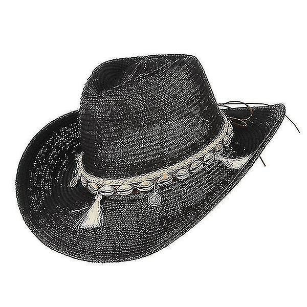 Hatt Halmhatt För Western Cowboyhatt Trendig Solhatt Strandkeps（Svart）
