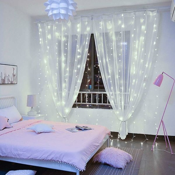 Strängljusgardiner, USB drivna ljusslingor för väggfest i sovrummet, 8 lägen och IP64 vattentät bröllopsdekoration, vit
