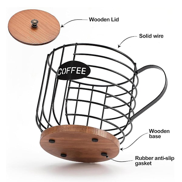 Rustik kaffepudeholder - K-kop opbevaring med trælåg - Rund kaffekurv til køkkenindretning (sort træbrun)