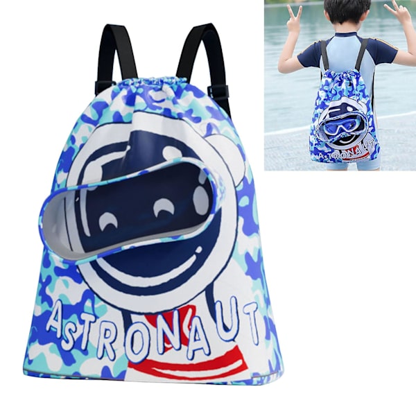 Vattentät barn dragsko simväska med torr våt separation - Liten Ocean Blue Spaceman Design