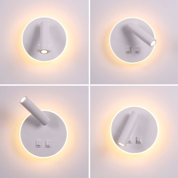 Sengelampe LED væglampe med afbryder sort 3w+9w (rund hvid)