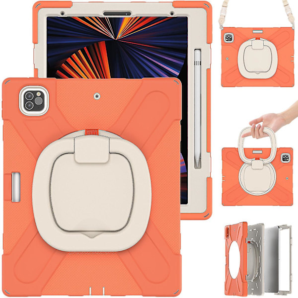 Nytt fodral för iPad Pro 12,9 tum 2021 med axelrem, roterande stativ, pennhållare (korallorange)