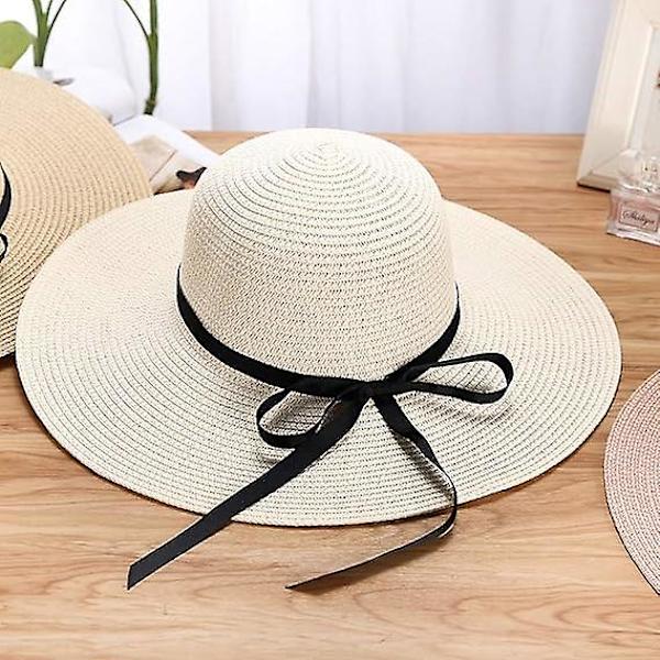 Kvinnors Halmhatt Sommar Bowknot Strand Fällbar Hattar Uv-skydd Bred Brätte Floppy Damer Herrar Halm Solhatt Packable Semester Strand Vit（vit）