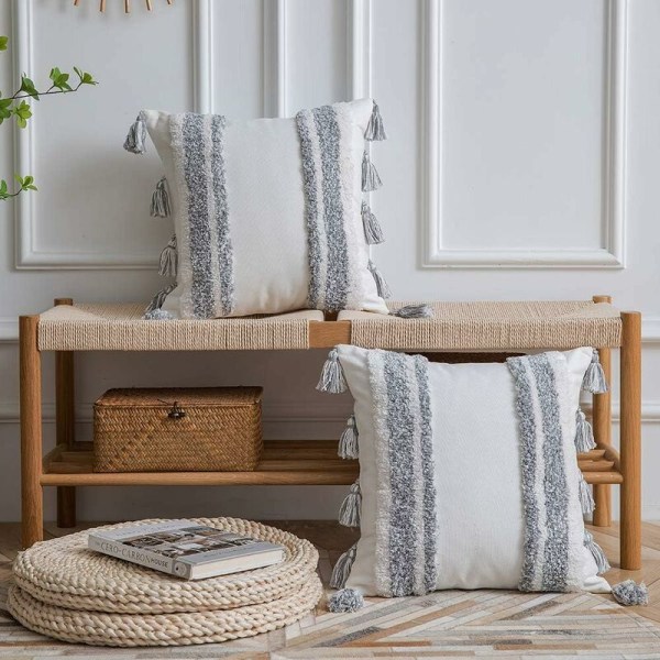 Kuddfodral - 2-pack 100 % bomull vävd tuftad fyrkantig kuddfodral med fransar för soffa soffa madrassöverdrag grå