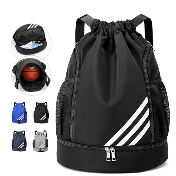 Sports Gym Bag With Shoes Compartment, Waterproof Drawstring Backpack（Black）