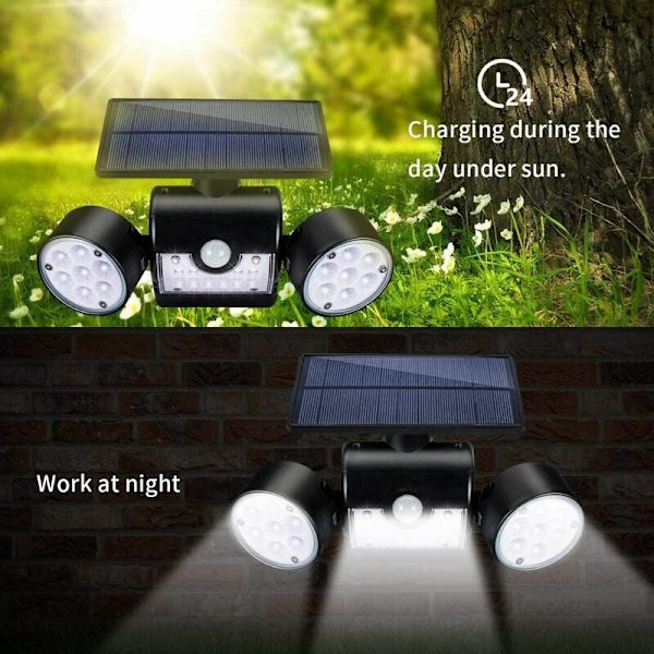 Utomhus solcellslampa, utomhus solcells vägglampa, med 30 vattentäta dubbla LED-strålkastare, 360 graders rotation, med rörelsesensor för trädgård