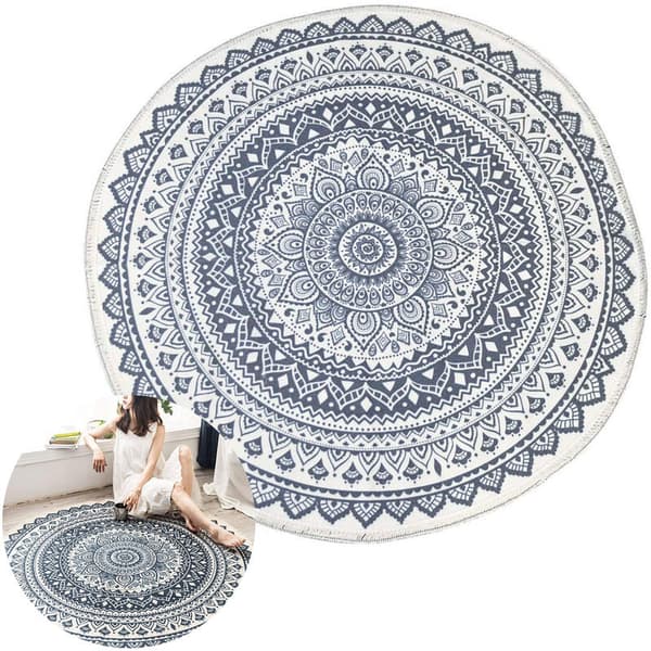 Mattvävd rund mat i boho-stil, tunn rund matta för vardagsrum, sovrum, area matta