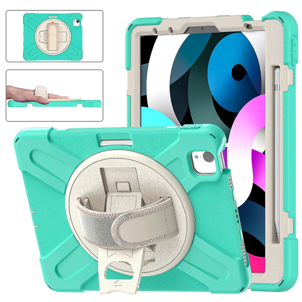 Nytt handrem-designfodral för iPad Air4 10,9 tum med justerbart stativ, pennhållare, fallskyddsskydd（Mintgrön）