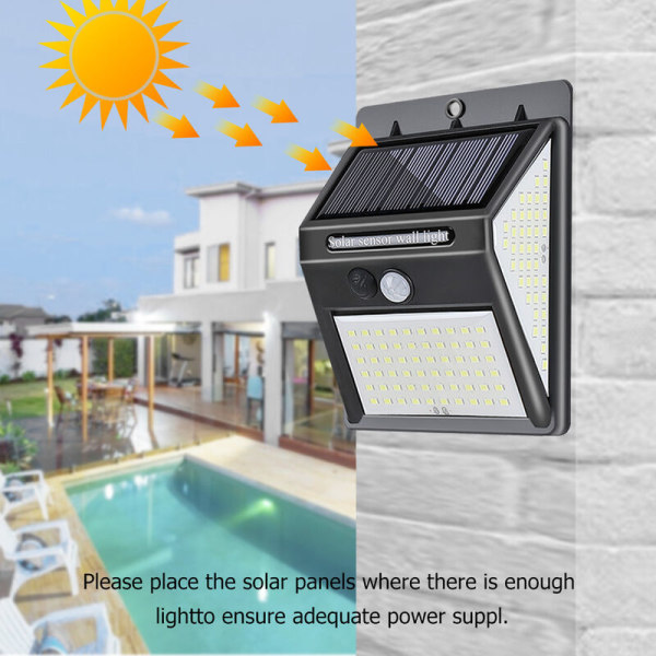 [100 LED tre sidor] Rörelsesensor utomhus solcellslampa, 3 lägen, trådlös, vattentät, utomhus solcellslampa, LED solstrålkastare, utomhus solcellslampor
