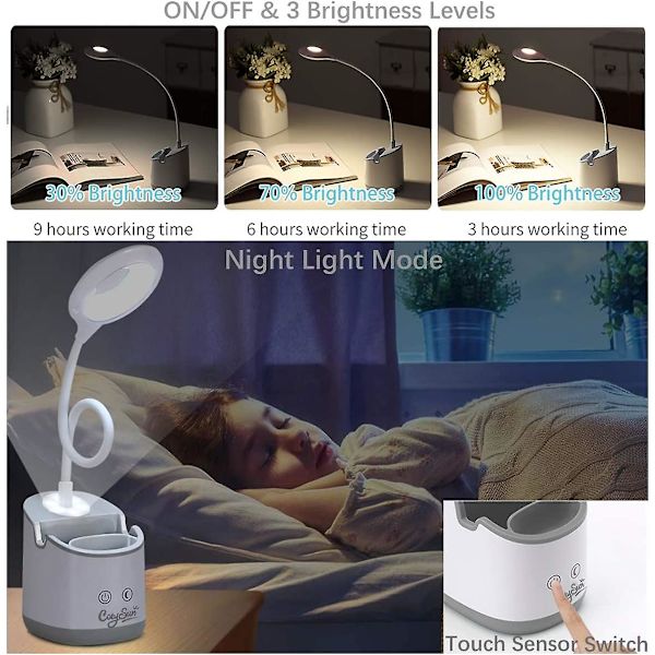 Skrivebordslampe for barn 3 lysmoduser USB oppladbar 1800mAh Li-batteri leselampe med nattlys
