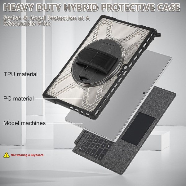 Unik designfodral för Surface Pro 4/5/6/7/7+ med handrem, tangentbordsrem (inget tangentbord), justerbart stativ, kraftigt skyddsfodral, stöttåligt