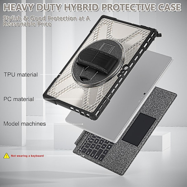 Unikt design cover til Surface Pro 4/5/6/7/7+ med håndrem, tastaturrem (ingen tastatur), justerbart stativ, robust beskyttelsescover, stødsikkert
