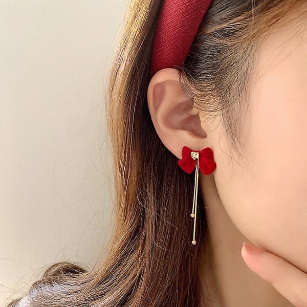 Røde øreringe Flocked øreringe til kvinder Perle sløjfe knude Premium øreringe Vintage stil efterår og vinter øreringe kvinder (2 par)