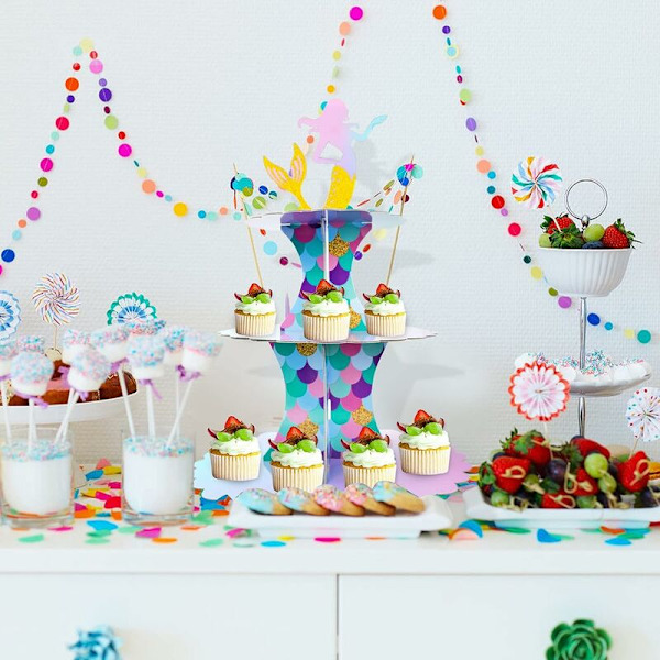 3-vånings kakställ i kartong med sjöjungfrumotiv, muffinsställ, tårtställ, dessertställ för födelsedag, bröllop