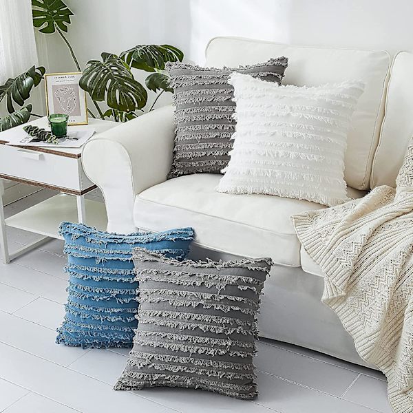Ljusgrå kuddfodral för soffa säng, bomull och linne dekorativt kuddfodral, 20 x 20 tum, set om 2