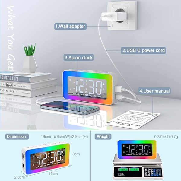 Snooze-timer elektronisk väckarklocka med 8 belysningslägen