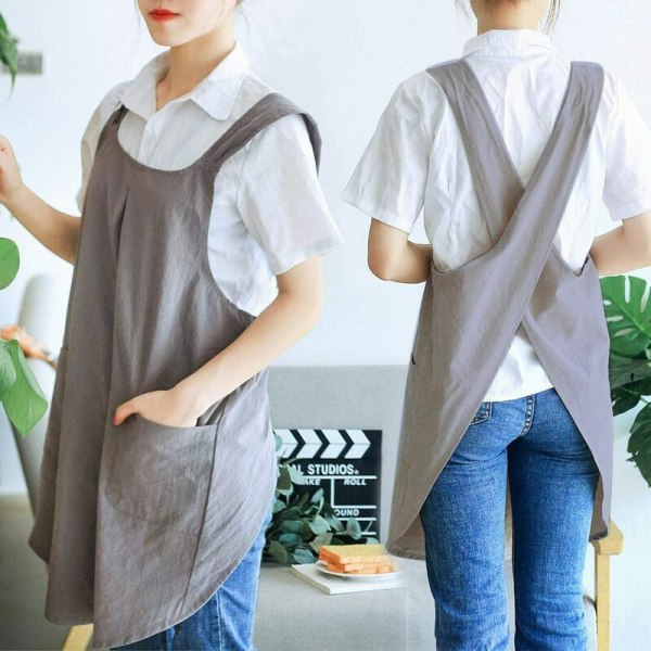 Trädgårdsförkläde Japanskt linnekors Baksida Köksförkläde för kvinnor med söta fickor för matlagning Måla Trädgårdsarbete Rengöringsgrå - Mörkgrå för kvinnor