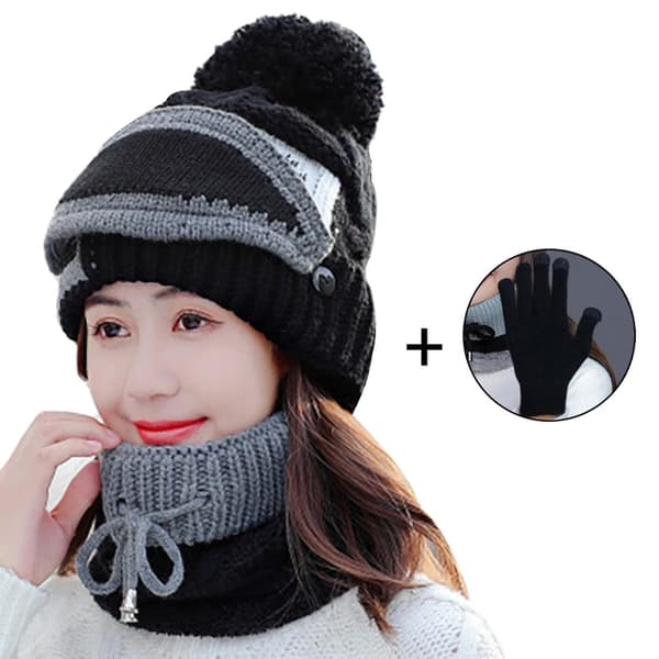 4 st/set Dam vinter ullgarn stickad mössa handskar ansiktsmask varm halsduk