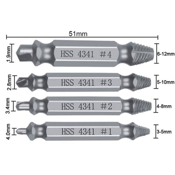 Skruvutdragarsats, trasig skadad bultskruvsats, enkel utdragning av trasiga fästelement (4 st Hss 4341#, silver)