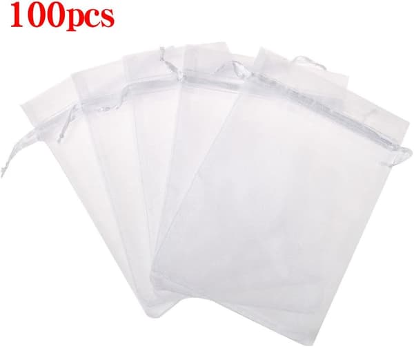 Mesh-smyckespåsar med dragsko, 100-pack, transparenta organza-presentpåsar för bröllopsfest och julklappar, storlek 3\" x 4\" (vit)