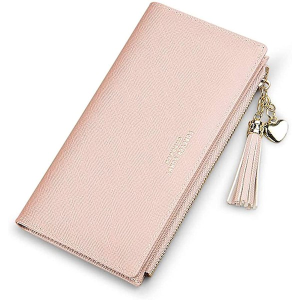Smal plånbok för kvinnor, damer läder tunn koppling dragkedja plånbok telefon plånbok kortfodral arrangör tofs (rosa)