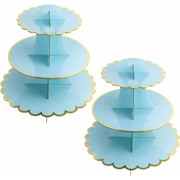 Set med 2 muffinsställ i kartong med 3 nivåer, tårtställ i kartong, dekoration för baby , bröllop, födelsedagar (blå)
