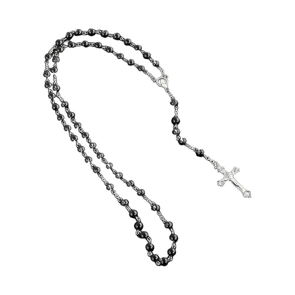 Muoti Cross Rosary Kaulakoru Pyöreä Helmijäljitelmä Helmet Ruusukukkariipus (musta)