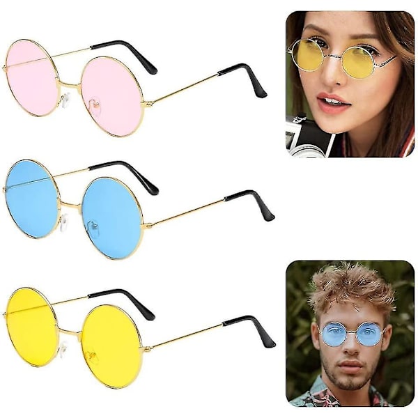 Pyöreät aurinkolasit Retro Hippie Pyöreät Värilliset Lasit Siniset Pinkit Keltaiset Linssit 3 Paria, Värilliset Aurinkolasit (Pinkki+Keltainen+Sininen 3 Kpl)