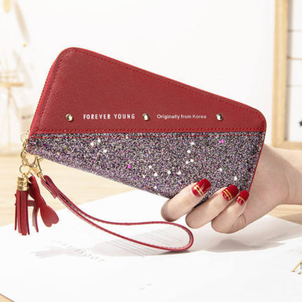 Dam plånbok koppling glitter sömnad pu läder dragkedja Burgundy
